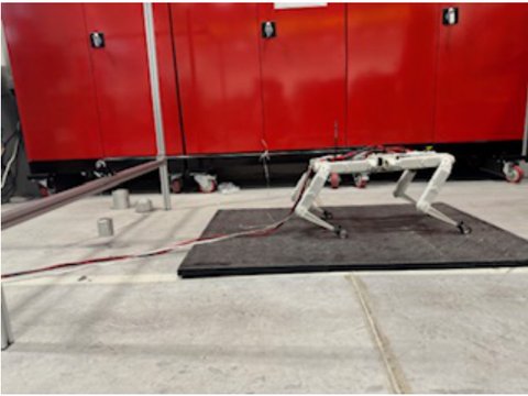 Solo-12 quadruped with the string and pulley loading setup used in the experiments.